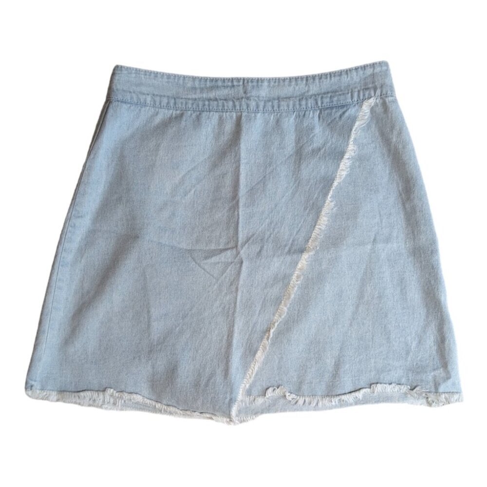 Mink Pink Faux Wrap Jean Skirt Size Small Light Wash Denim Raw Hem
